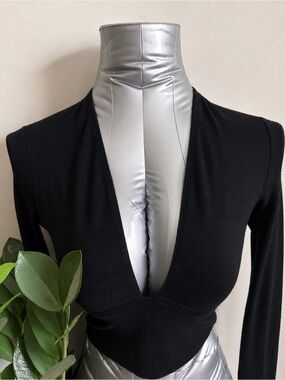 2 for $20  Black Deep V Long Sleeve Fitted Cropped Top
